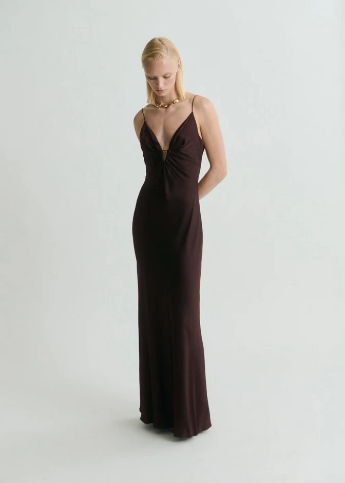 mango brown dress - Long with contrasting Design Straight neckline Asymmetrical dress with gathered sides
