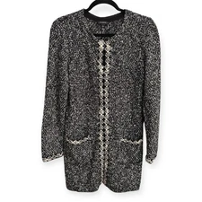 Talbots Black White Tweed Collarless Long Cardigan Sweater Jacket Women's Small