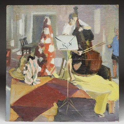Unsigned Post Impressionist Modernist Colorful Music Room O/B Painting