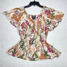 Angie Top Womens XS Boho Floral Peplum Smocked Blouse Flutter Sleeve Cottagecore