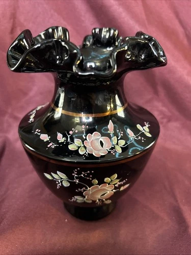 Vtg Fenton Amethyst Glass Vase Hand Painted Pink Flower Leaves - K Lauderman