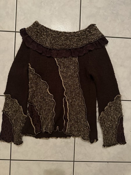 Vintage Patchwork Knit Top Brown Ruffle Long Sleeve M EU 38 40 UK 10 12 US 6 8