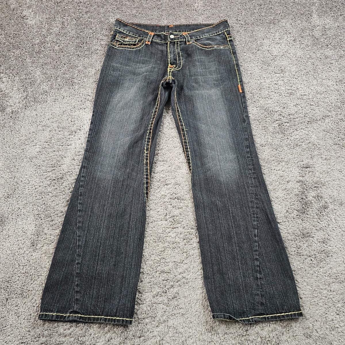 True Religion Jeans Men 36 (34x33) Black Flared Thick Stitch Denim