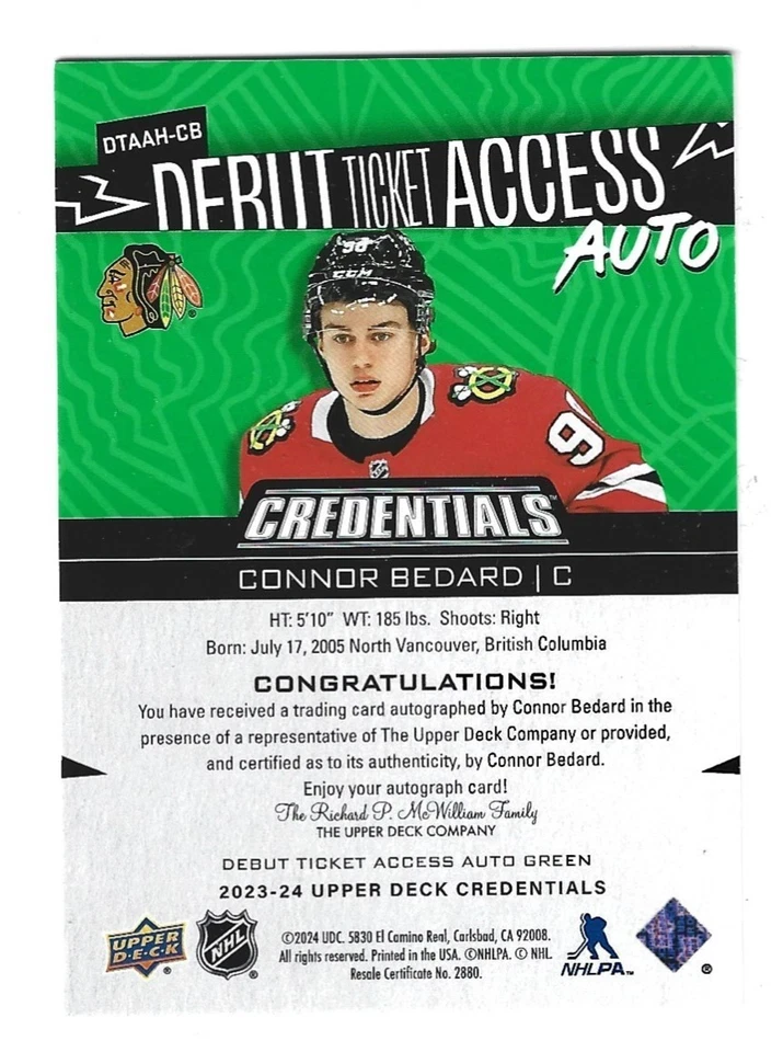 Connor Bedard 2023-24 Upper Deck Credentials DTA Horizontal Green Rookie Auto /3 - Image 2 of 2