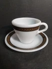 Vintage Pyrex Tableware Milk Glass Cup & Saucer Fleur De Lis  on Black Scroll BG