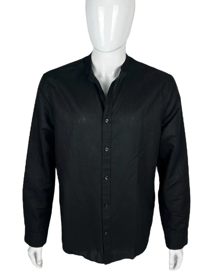 Express Mens Large Shirt Linen Cotton Blend Black Long Sleeve No Collar Band NWT - Image 2 of 4