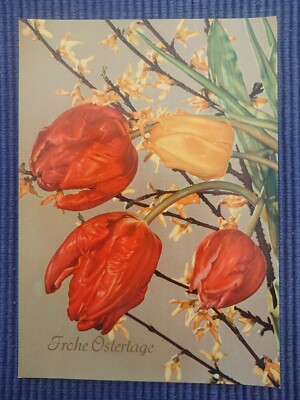 Old Postcard Happy Easter Tulips Forsythia