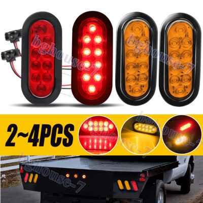 4PCS 6'' Oval Trailer Lights 10 LED Stop Turn Tail Truck Grommets Plug Red+Amber