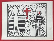 Keith Haring (Handmade) Drawing On old Paper Signed & Stamped Mixed Media