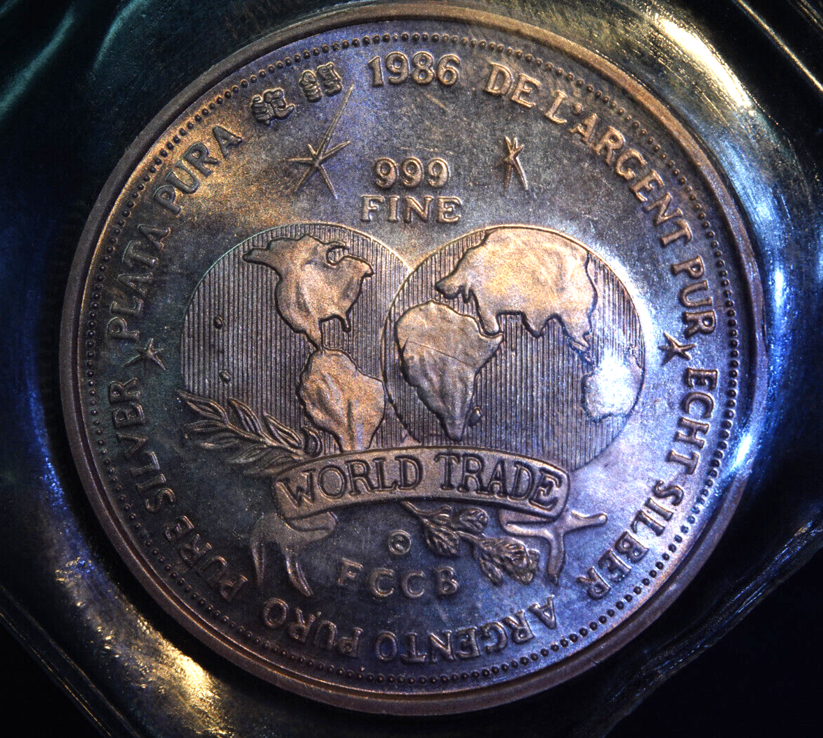 1986 World Trade Unit Plat Pura FCCB 1oz 999 FINE Silver art bar