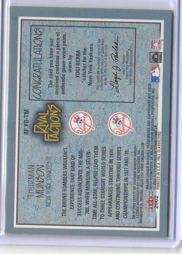 2002 Fleer Fall Classic Rival Factions Game Used Yogi Berra Thurman Munson HOF - Picture 2 of 2