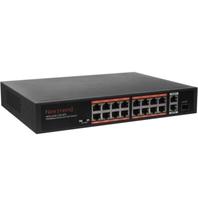 NexTrend Unmanaged PoE+ Switch,16 Ports,Fanless,48V Output. 250W Power Budget. 