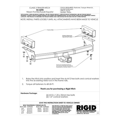 Rigid Hitch Class III Custom Fit Trailer Hitch Receiver - R3-0398 - Picture 2 of 2