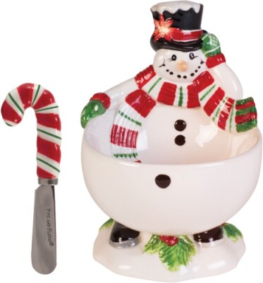 Fitz & Floyd Snowman Lidded Bowl & Spreader Candy Cane Holiday Decor New In Box