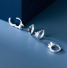 Women Girls Star CZ Sterling Silver Hinged Huggie Hoop Earrings A1167