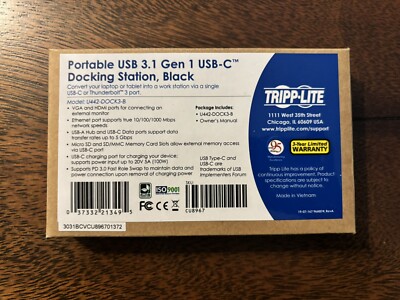 Tripp Lite U442-DOCK3-B Portable USB 3.1 Gen 1 USB-C Docking Station Black New