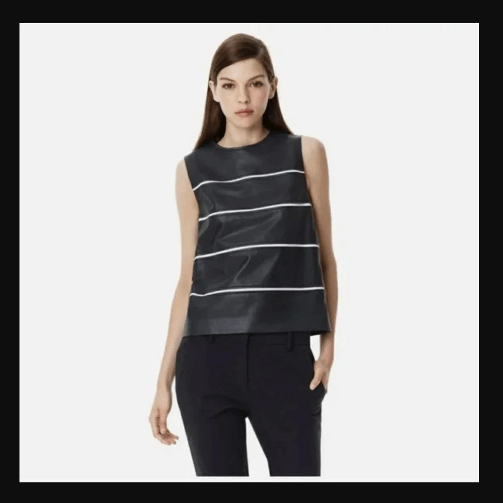 Theory Emlay Magazine Striped Leather Top in Black white Petite