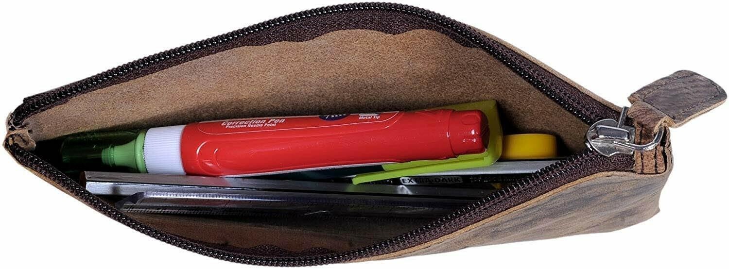 8" Genuine Leather Pencil Case Pen Pouch Makeup Brush Bag Brown Unisex