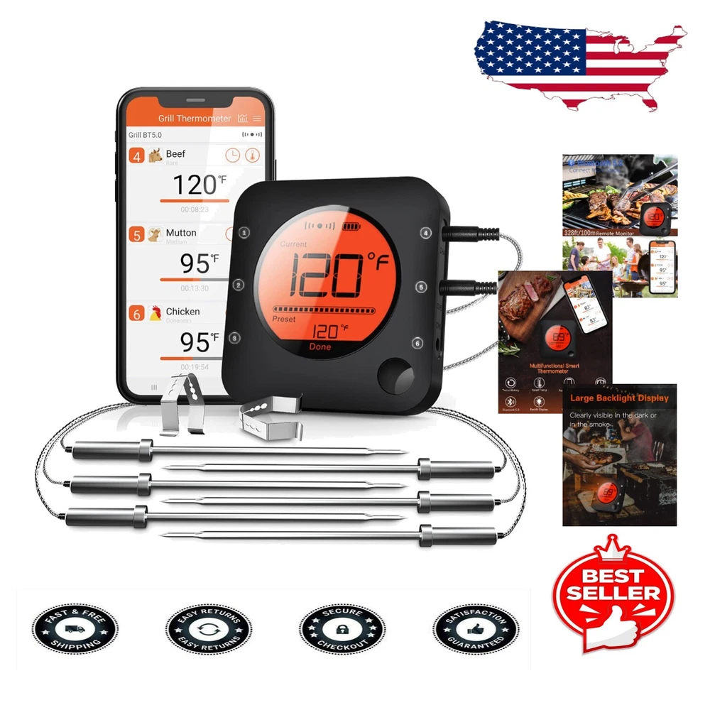 Digital Meat Thermometer Wireless - 6 Probes, Alarm Function, Kitchen Essential Digital Meat Thermometer Wireless - 6 Probes, Alarm Function, Kitchen Essential