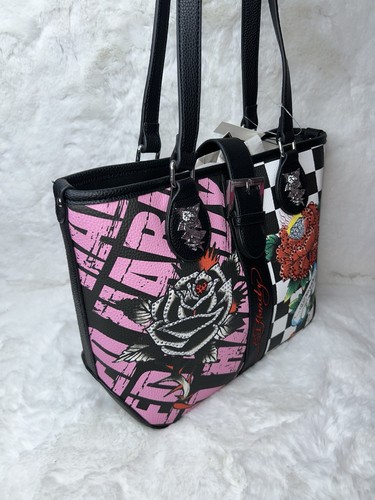 NWT ED Hardy Black Tote Tiger Rose Print Handbag Shoulder Bag - Picture 6 of 7
