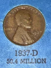 1937 D Lincoln Wheat cent • Penny • #F527