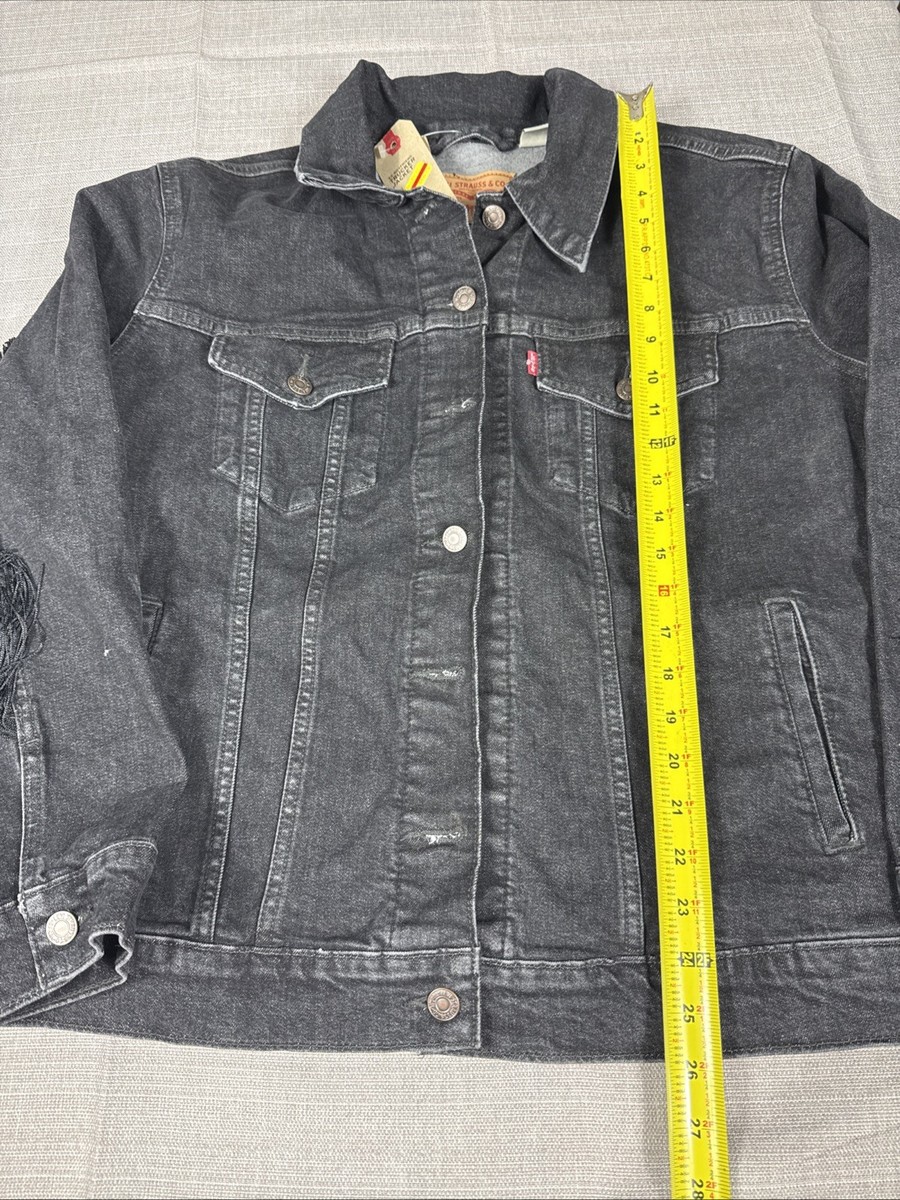Levi's Black Denim Ex-Boyfriend Trucker Jacket with Fringe Size