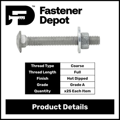 3/8 -16 x 6  Hot Dipped Galvanized Carriage Bolt Kit w/ Nuts & Flat Washers 25x