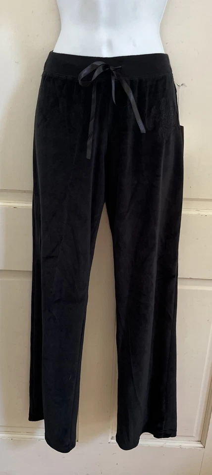 PJ SALVAGE NEW! Black Velvet Drawstring Embroidered Flared Leg Sweat Pants Sz S - Image 2 of 4