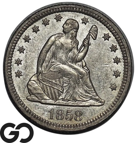 1858 Seated Liberty Quarter, Choice AU++