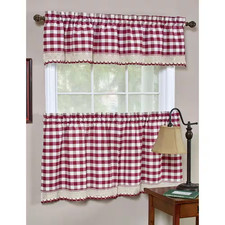 Buffalo Check Burgundy Polyester/Cotton Light Filtering Rod Pocket Curtain Tier