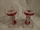 Pair VTG Westmoreland Glass  Ruby Iridescent 2 Candlesticks & 2 Crystal Bobeche — photo 4