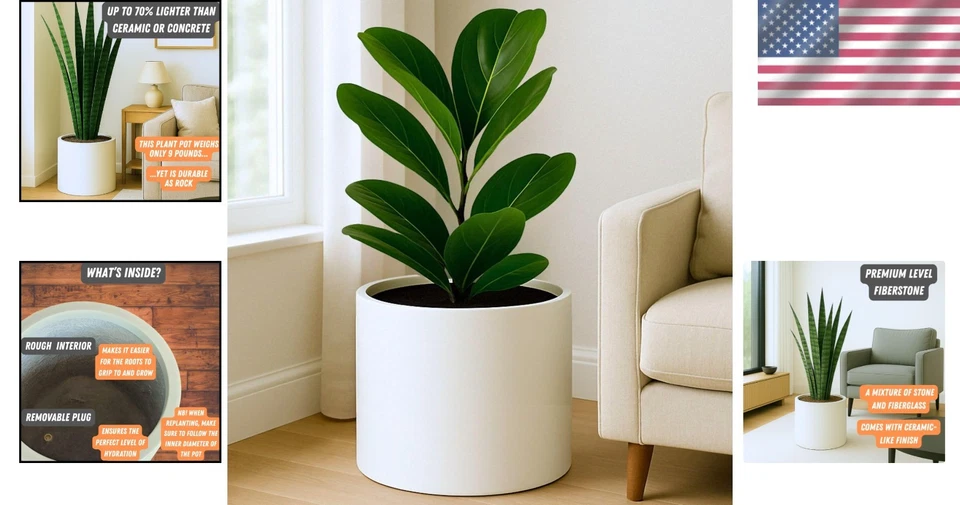 Large White Fiberstone Planter - 14.6 Inch Lightweight Pot - Image 2 of 4