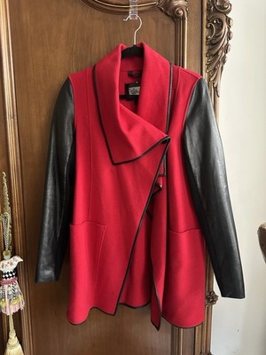 Mackage Red Wool & Black Leather Sleeve & Trim Women s Coat Jacket Size Small