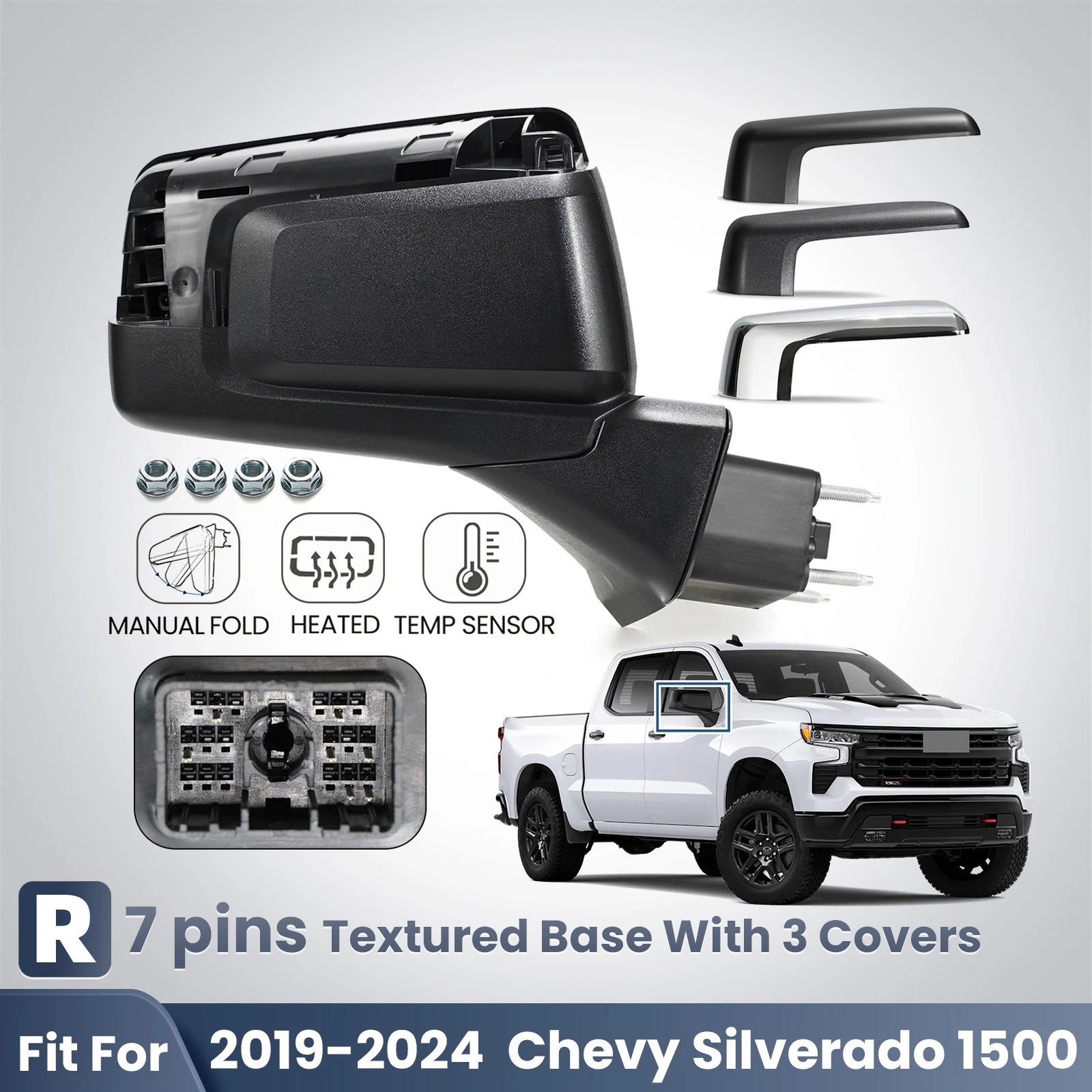 Side Mirror For 2019-2024 Chevy Silverado 1500 W/Heated &Temp Sensor 7 Pin Right