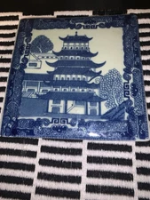 Antique Pagoda Hotplate Ceramic Trivet Blue White Transferware 6.25” Square