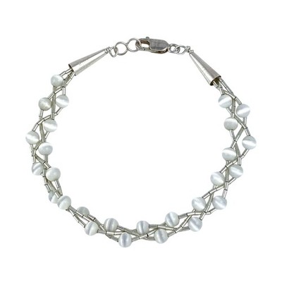 Geflochtenes weißes synthetisches Katzenauge Armband | Sterling flüssiges Silber 925 | 7''