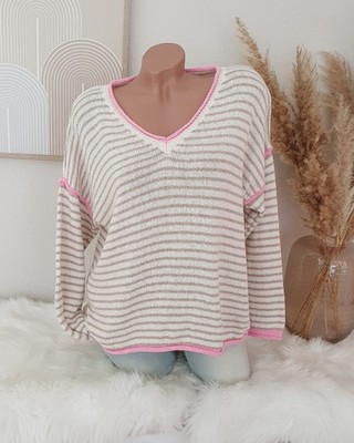 Italy Damen Strick Pullover Streifen Pulli Gestreift Creme Beige Rosa 36 38 40
