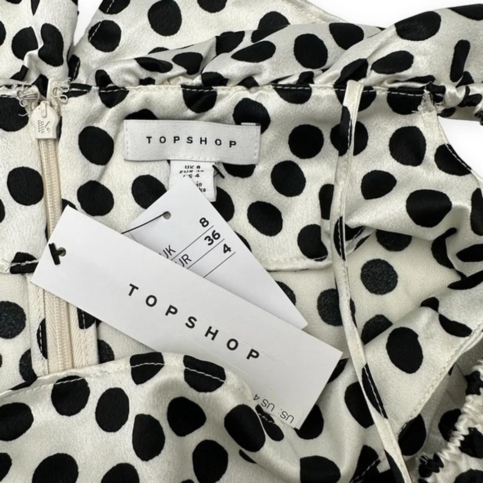 Женское мини-платье Topshop 4 белое черное в горошек галстук через плечо с оборками декольте - Изображение 3 из 4