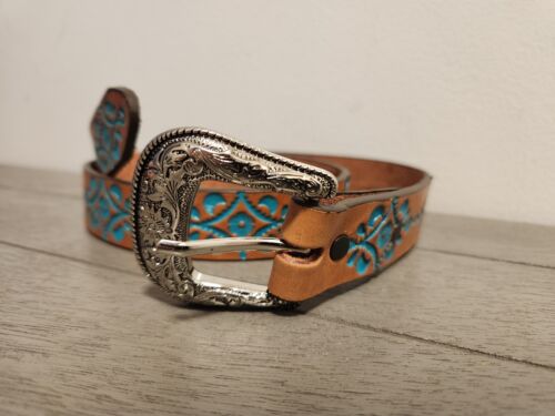 Justin top grain leather embossed western belt, Size 28 in medium brown and teal - Picture 1 of 8
