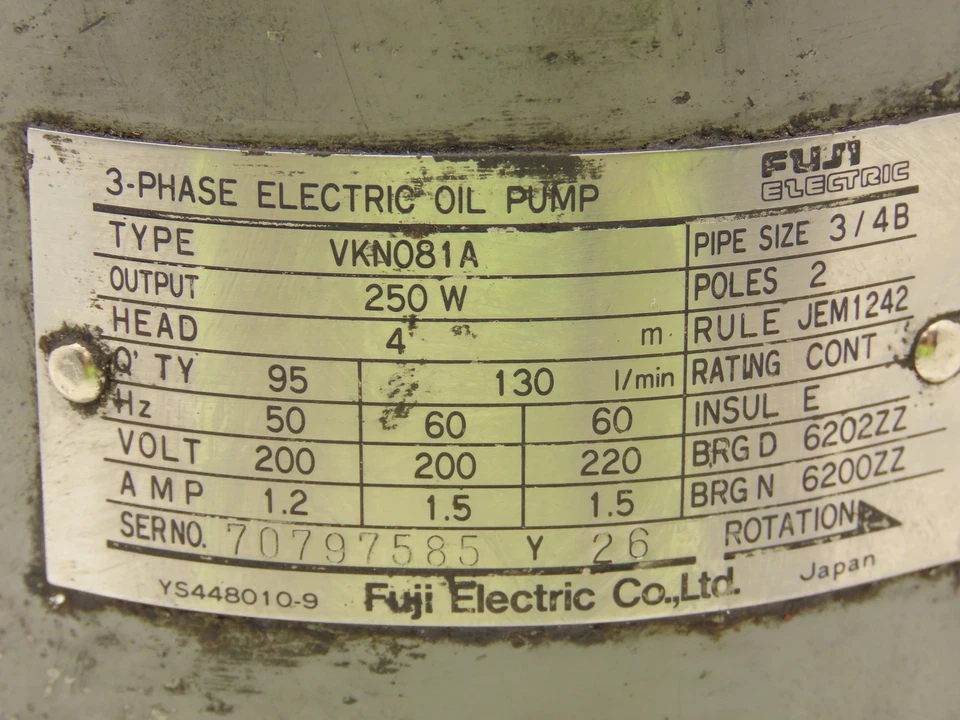 Bomba de succión de aceite refrigerante Fuji VKN081A 250W 220V 3PH 4m-Hd 130L/min 3/4" NPT Foto 2 de 4