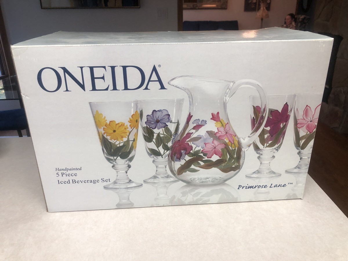 Oneida Drink Set Hand Painted Pitcher & 4 Glasses Ice Tea