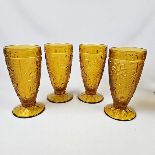 8 Footed Iced Tea/Water Glasses Vtg Tiara Sandwich Glass Set Amber Indiana - Picture 11 of 14