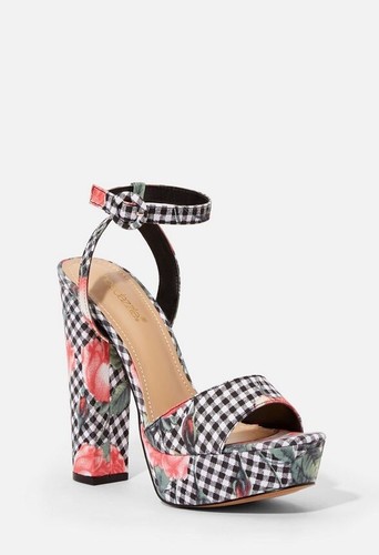 Gailey by SHOEDAZZLE Black floral fabric platform 5.5" block heel sandals SZ 7 - Picture 3 of 5