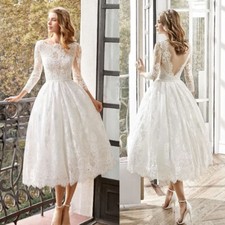 Vintage Tea Length Lace Wedding Dress Long Sleeves A Line Short Bridal Gowns