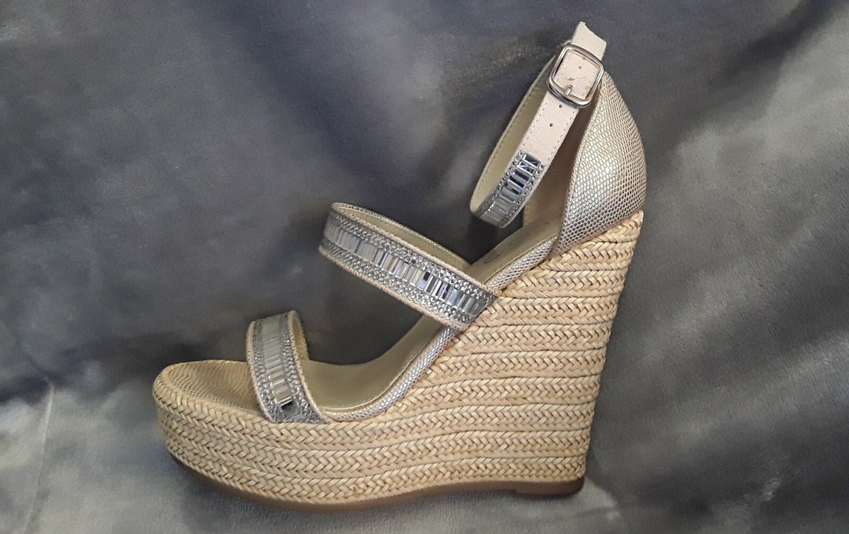 Aldo (Sz 6) Silver Rhinestone Ankle Strap Open Toe Wedge  display picture 1