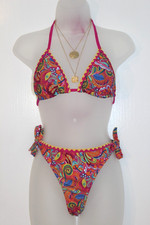 New Women's Size L Shein Pink Triangle Swimsuit Bikini Tie Back 2 Piece Padded
