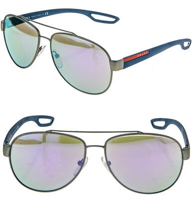 PRADA 55Q LINEA ROSSA LJ SILVER Blue Rubber Lilac Mirror Sport Sunglasses PS55QS