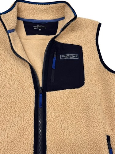 Vineyard Vines Boys High Pile Vest Sherpa Fleece Beige Blue Full Zip XL / 18 - Picture 2 of 6