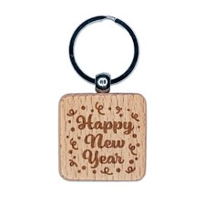 Happy New Year Confetti Engraved Wood Square Keychain Tag Charm