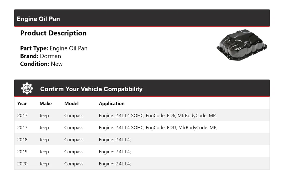 Para Jeep Compass Dorman 2017-2020 cárter de aceite del motor 2018 2019 Foto 2 de 4